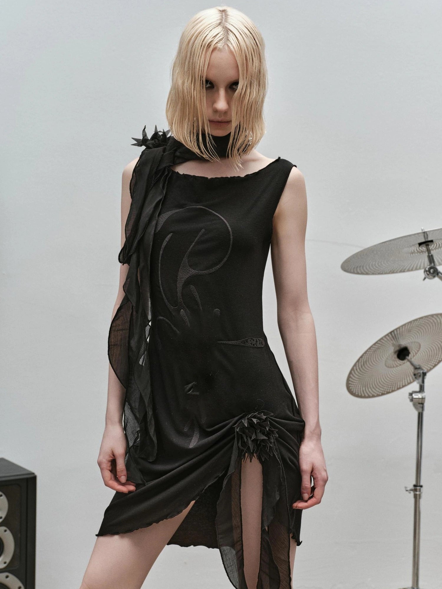 Outmode Rock N Roll Embroidered Punk Ribbon Trim Dress