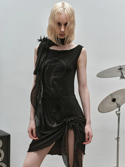 Outmode Rock N Roll Embroidered Punk Ribbon Trim Dress