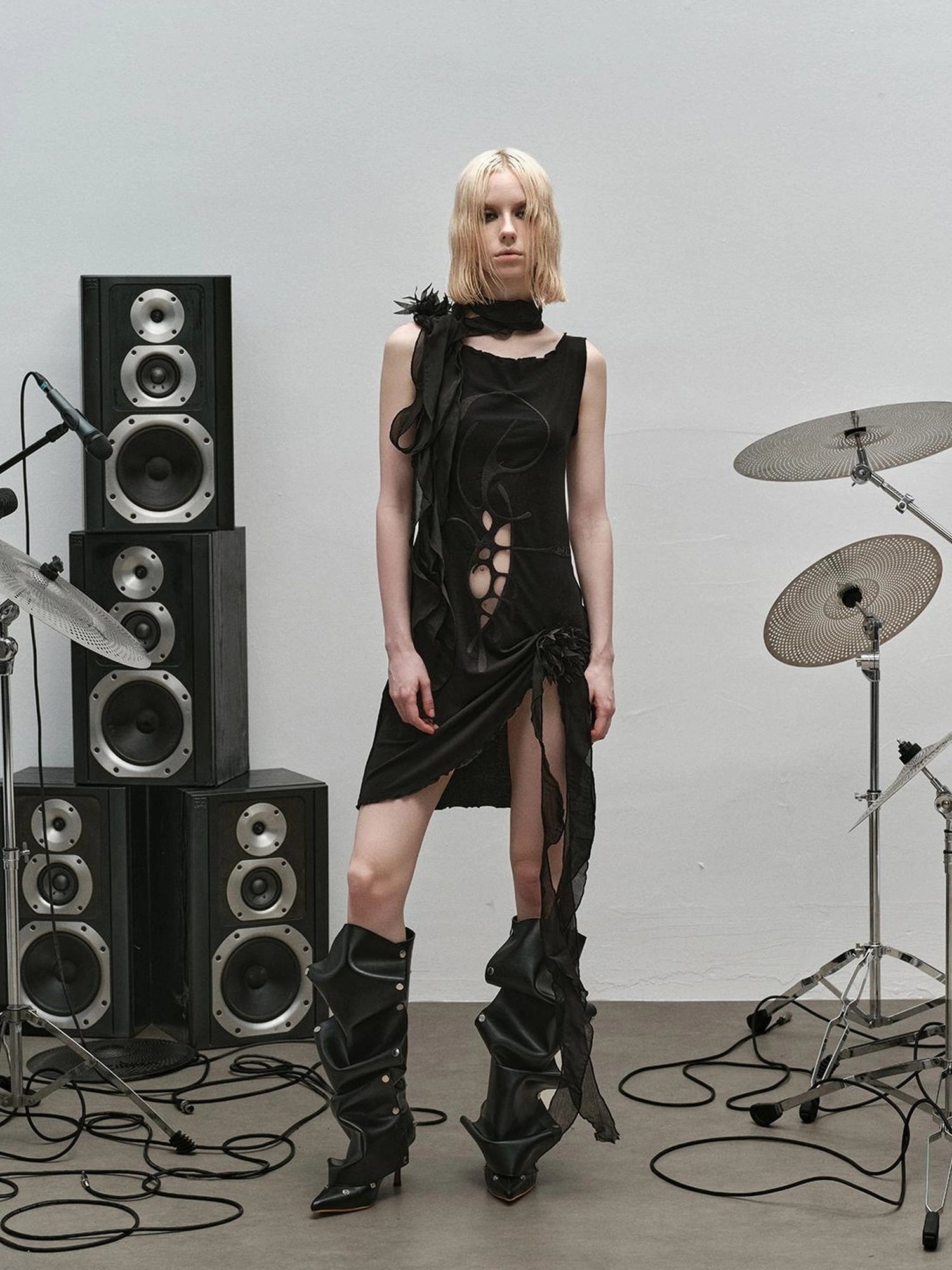 Outmode Rock N Roll Embroidered Punk Ribbon Trim Dress