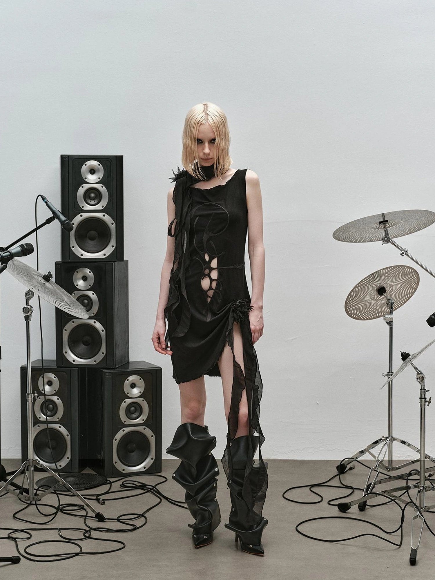 Outmode Rock N Roll Embroidered Punk Ribbon Trim Dress
