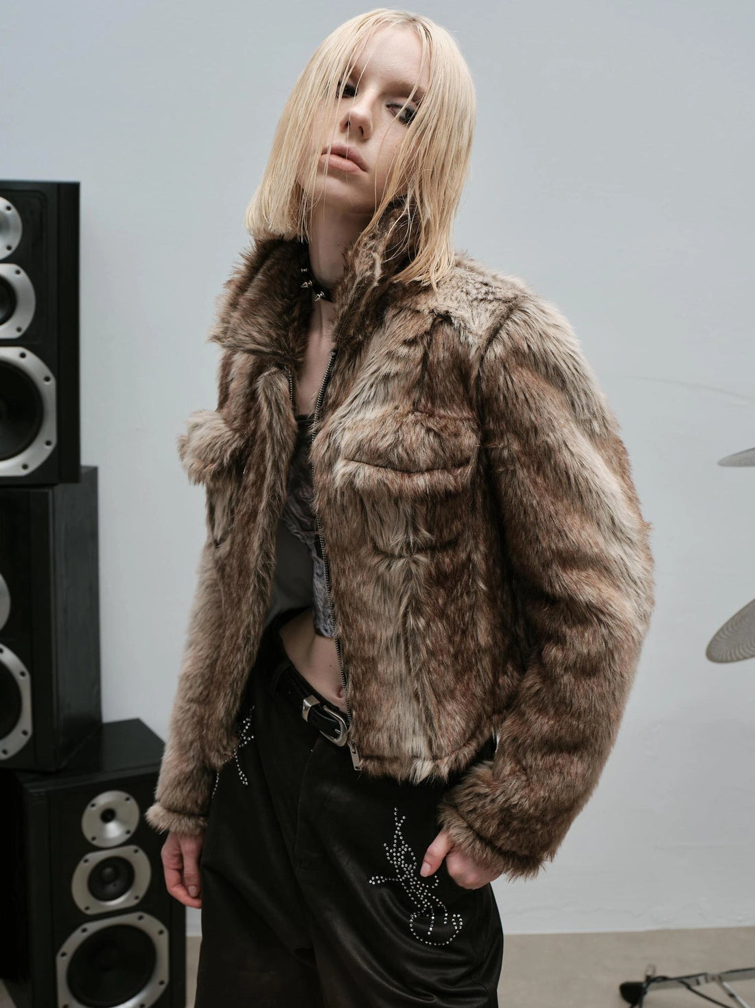 Outmode Rock N Roll Faux Fur Cropped Jacket