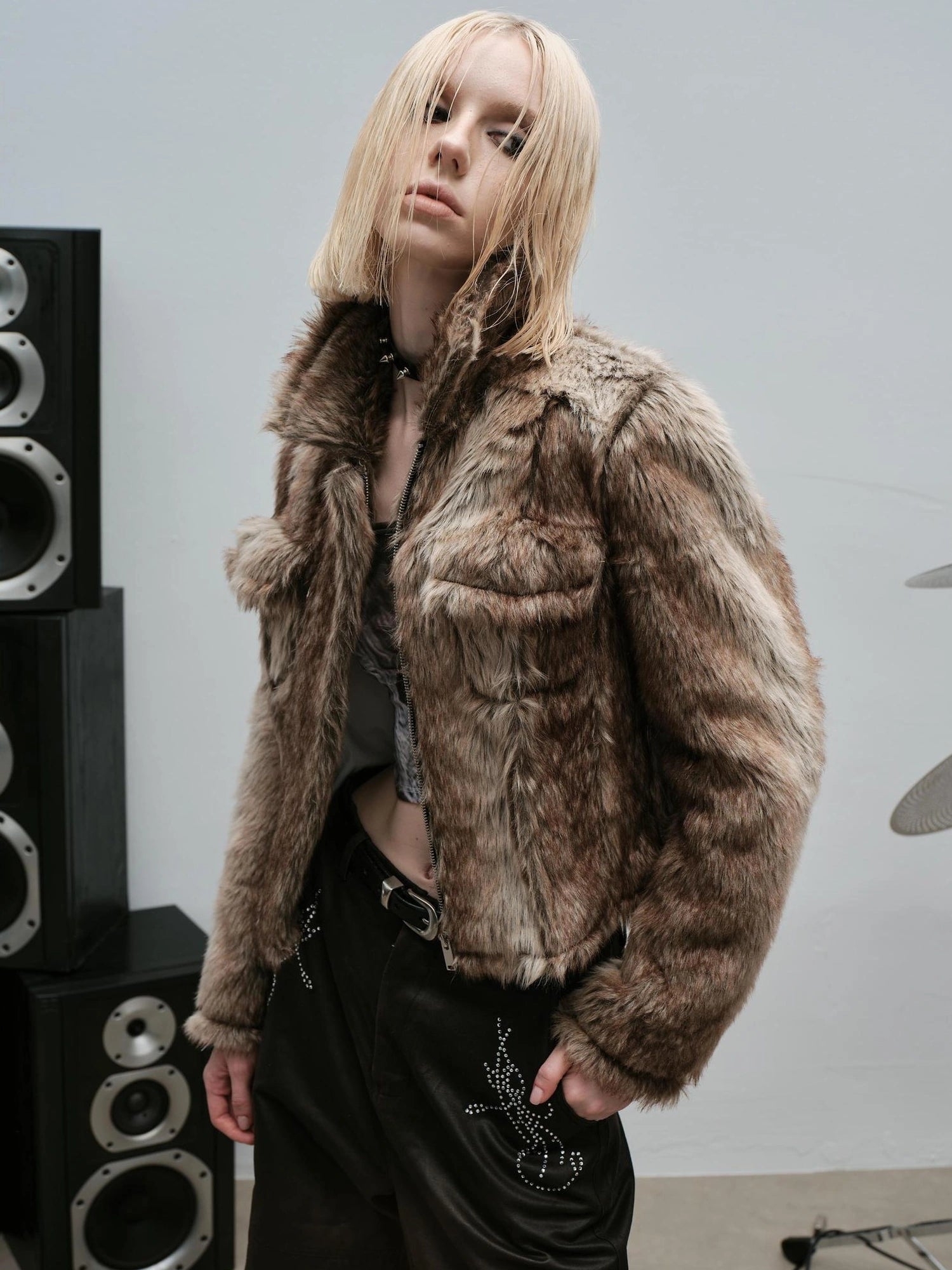 Outmode Rock N Roll Faux Fur Cropped Jacket