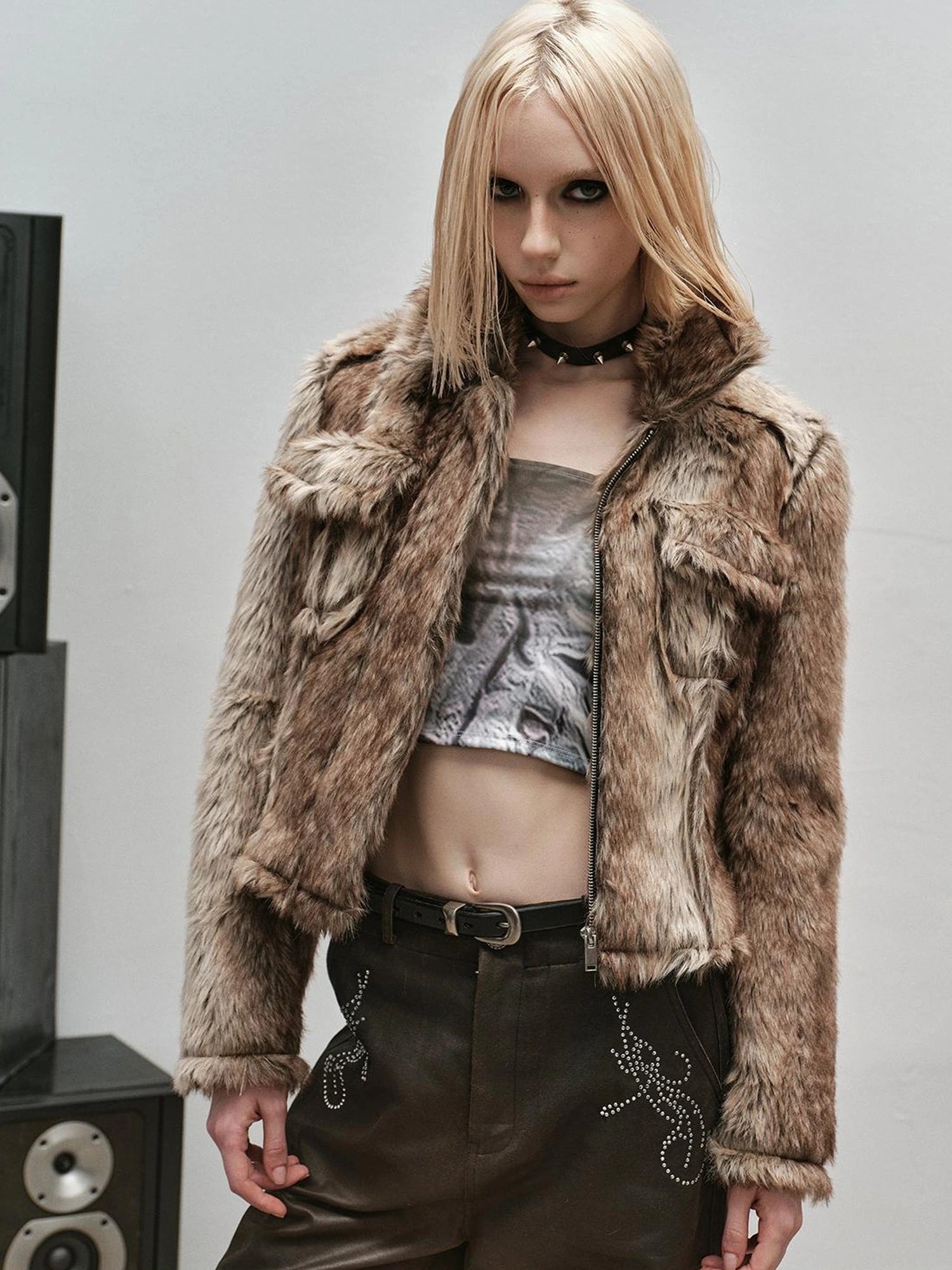 Outmode Rock N Roll Faux Fur Cropped Jacket