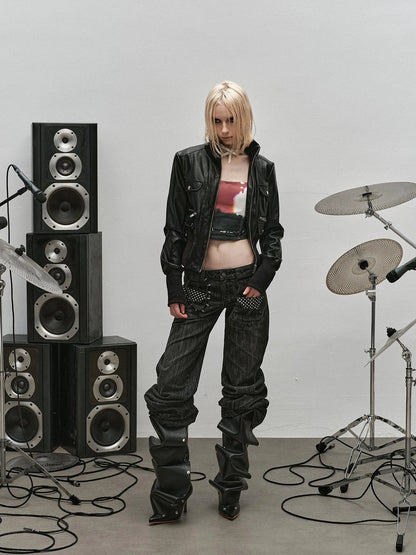 Outmode Rock N Roll Leather Stand Collar Long Sleeve Pu Coat