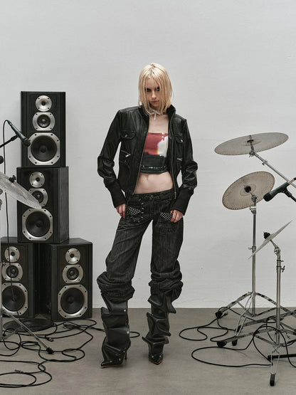 Outmode Rock N Roll Leather Stand Collar Long Sleeve Pu Coat