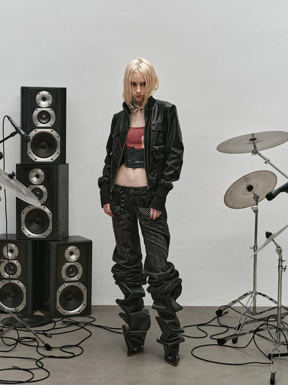 Outmode Rock N Roll Leather Stand Collar Long Sleeve Pu Coat