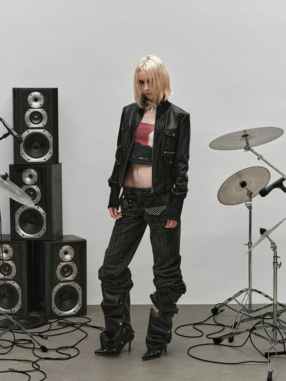 Outmode Rock N Roll Leather Stand Collar Long Sleeve Pu Coat