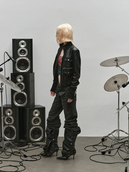 Outmode Rock N Roll Leather Stand Collar Long Sleeve Pu Coat