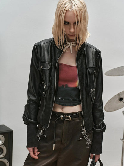 Outmode Rock N Roll Leather Stand Collar Long Sleeve Pu Coat
