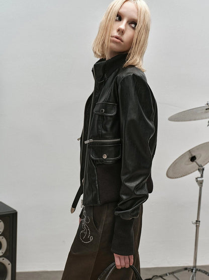 Outmode Rock N Roll Leather Stand Collar Long Sleeve Pu Coat