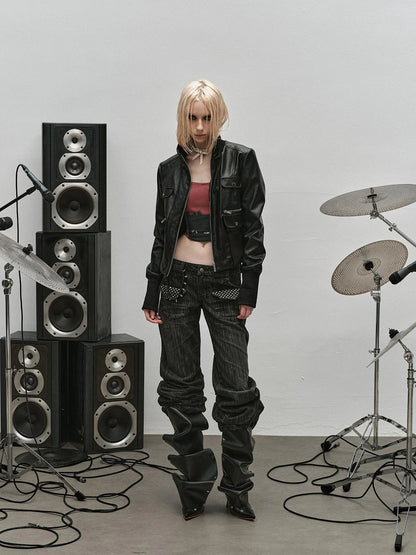 Outmode Rock N Roll Leather Stand Collar Long Sleeve Pu Coat