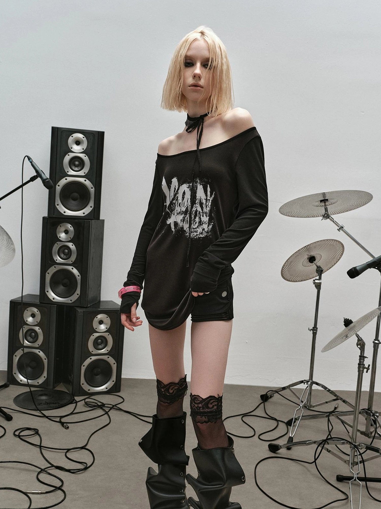 Outmode Rock N Roll Off Shoulder Lace Trim Dress