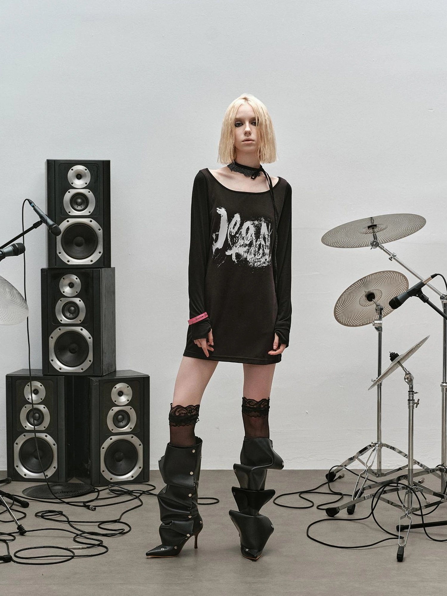 Outmode Rock N Roll Off Shoulder Lace Trim Dress