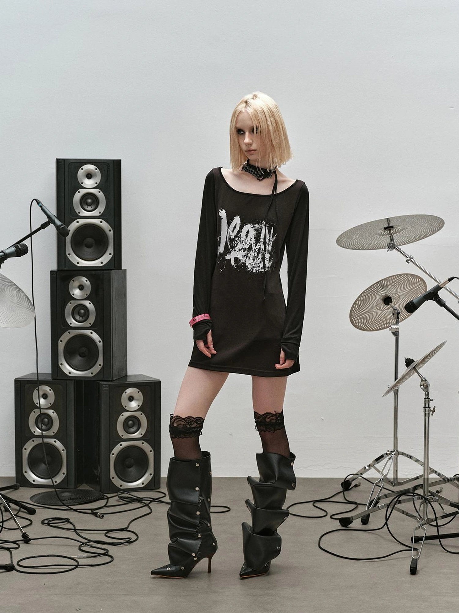 Outmode Rock N Roll Off Shoulder Lace Trim Dress