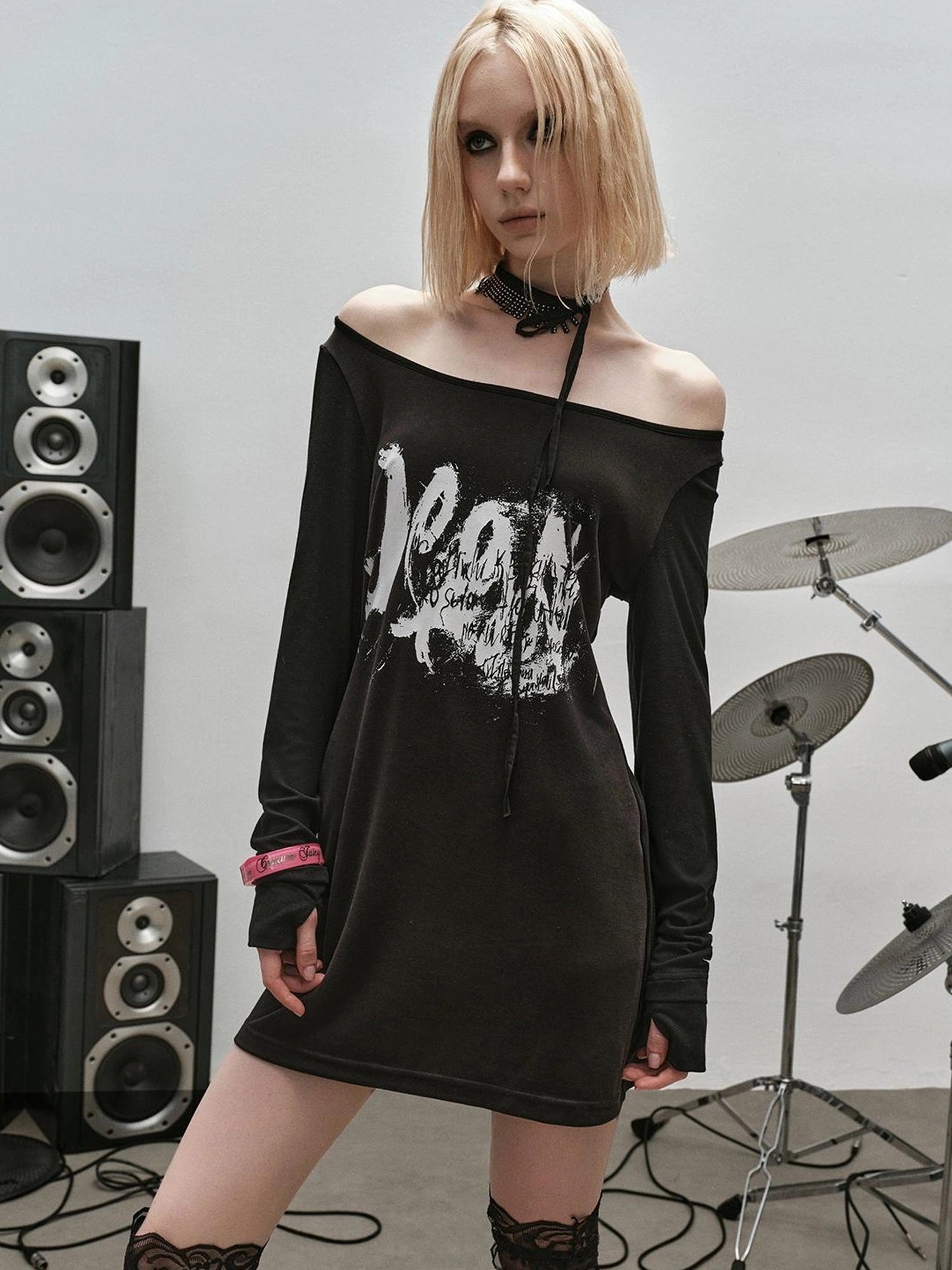 Outmode Rock N Roll Off Shoulder Lace Trim Dress