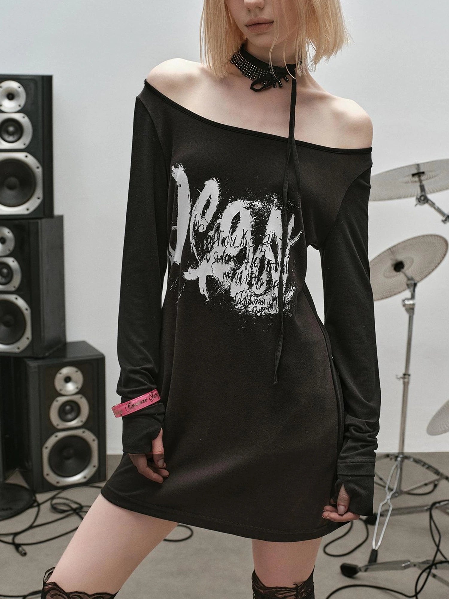 Outmode Rock N Roll Off Shoulder Lace Trim Dress
