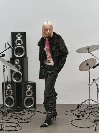 Outmode Rock N Roll Pu Patch Recyclable Cropped Fur Coat