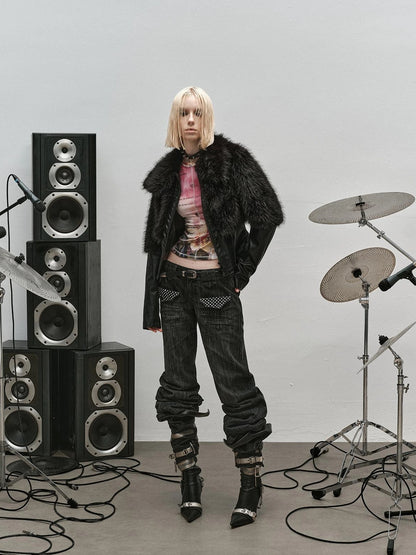 Outmode Rock N Roll Pu Patch Recyclable Cropped Fur Coat