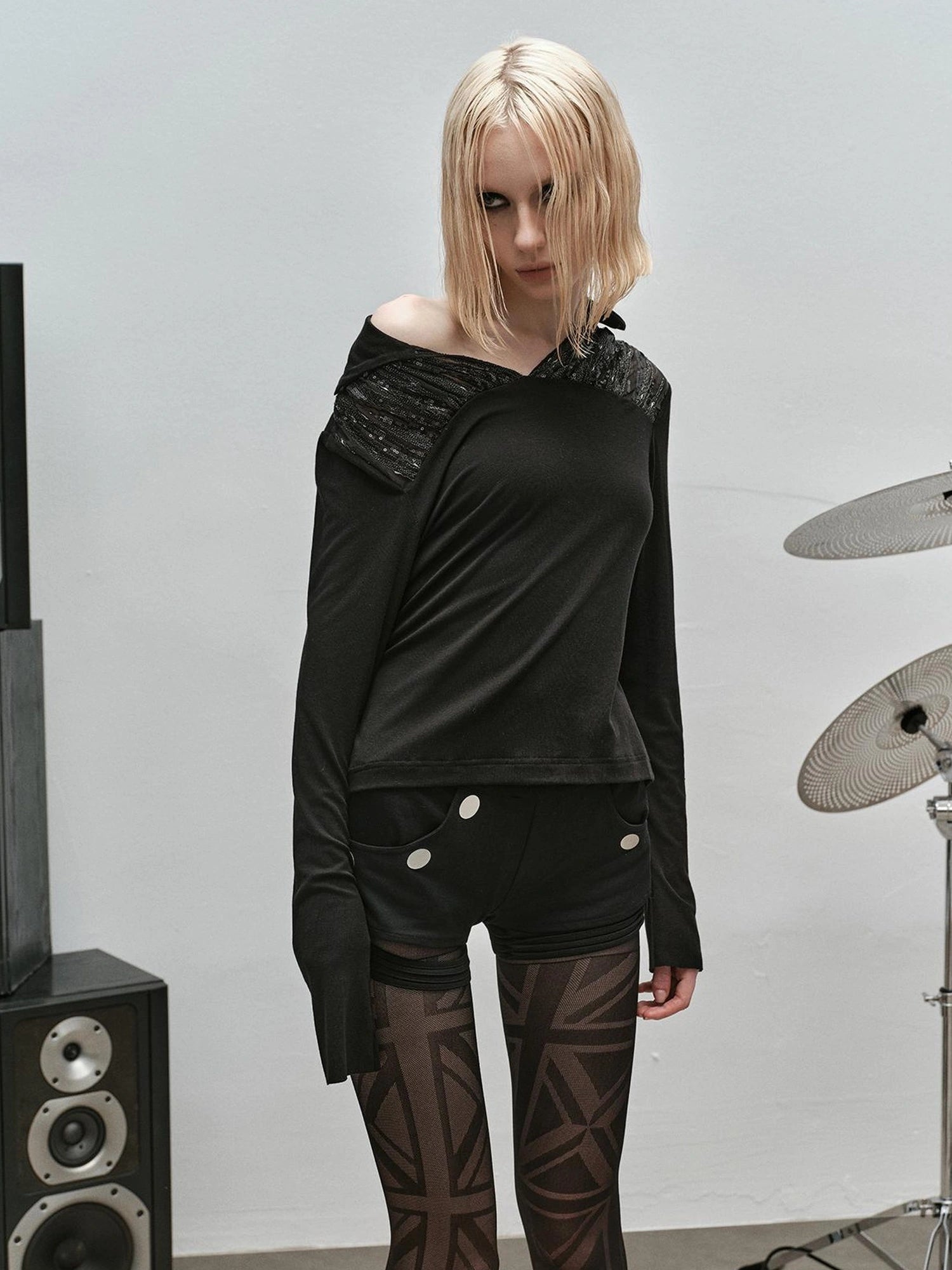 Outmode Rock N Roll Sequined Open Neck Shirt