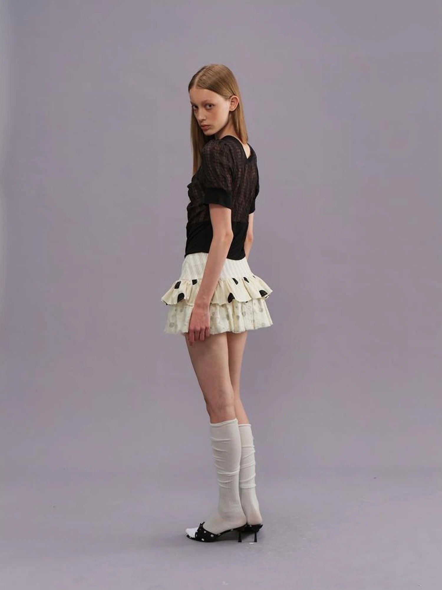 Outmode Twill Dot Cake Midi Skirt