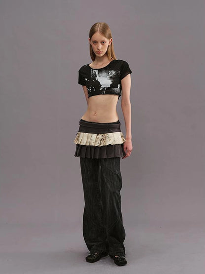 Outmode Two Tiered Pleated A Line Wrap Skirt