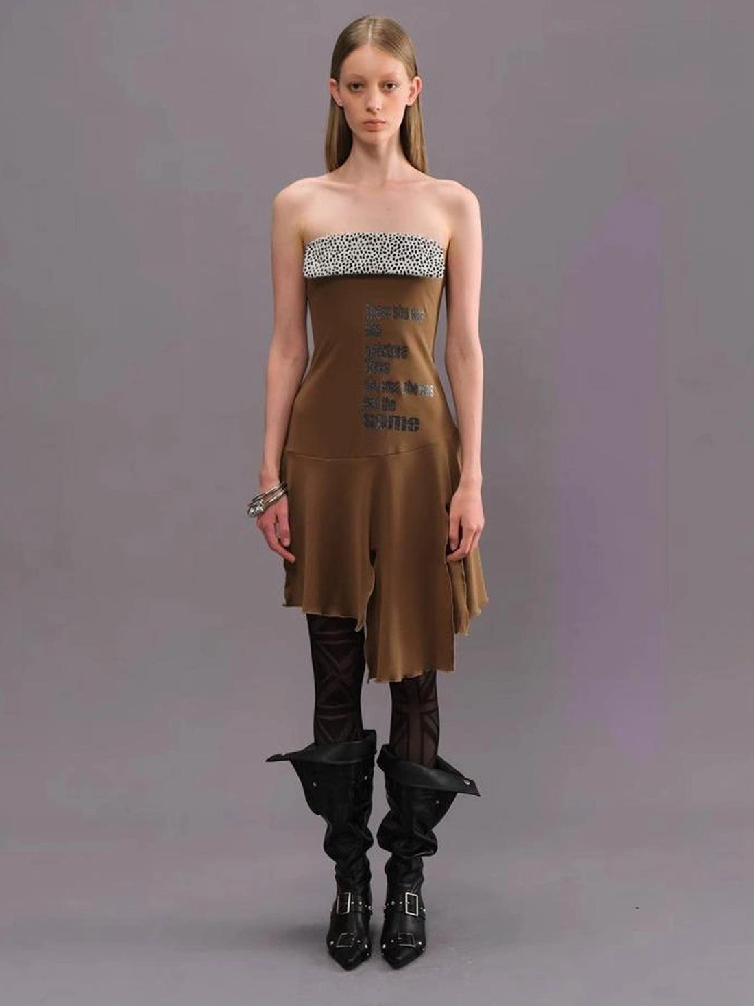 Outmode Vintage Brown Floral Glitter Print V-neck T-shirt Long Sleeve Dress