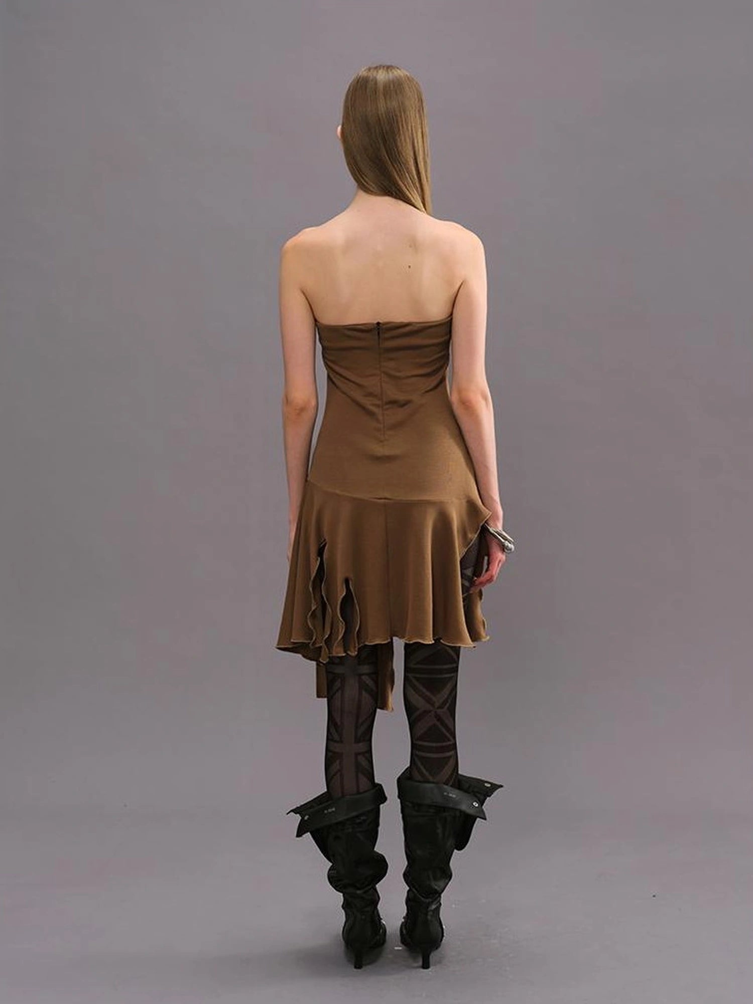 Outmode Vintage Brown Floral Glitter Print V-neck T-shirt Long Sleeve Dress