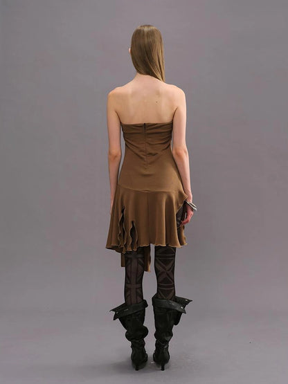 Outmode Vintage Brown Floral Glitter Print V-neck T-shirt Long Sleeve Dress