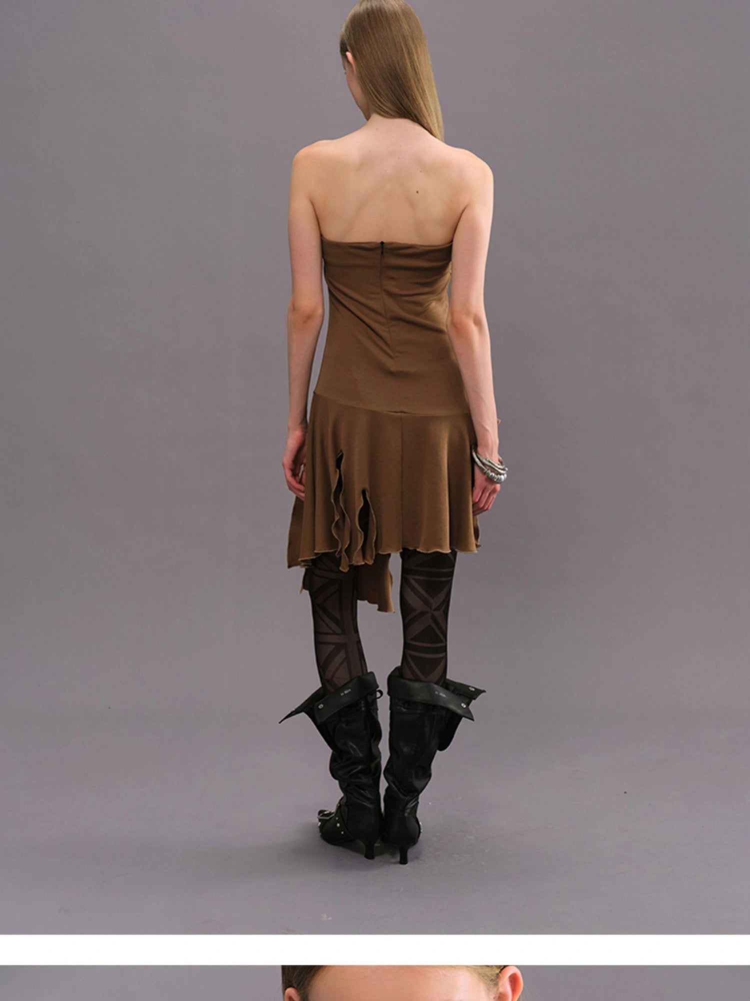 Outmode Vintage Brown Floral Glitter Print V-neck T-shirt Long Sleeve Dress