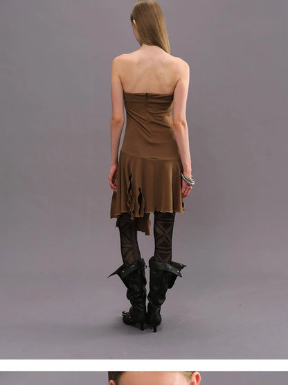 Outmode Vintage Brown Floral Glitter Print V-neck T-shirt Long Sleeve Dress