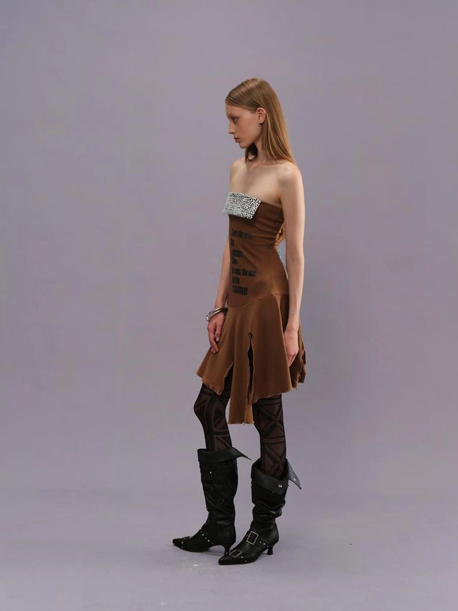 Outmode Vintage Brown Floral Glitter Print V-neck T-shirt Long Sleeve Dress