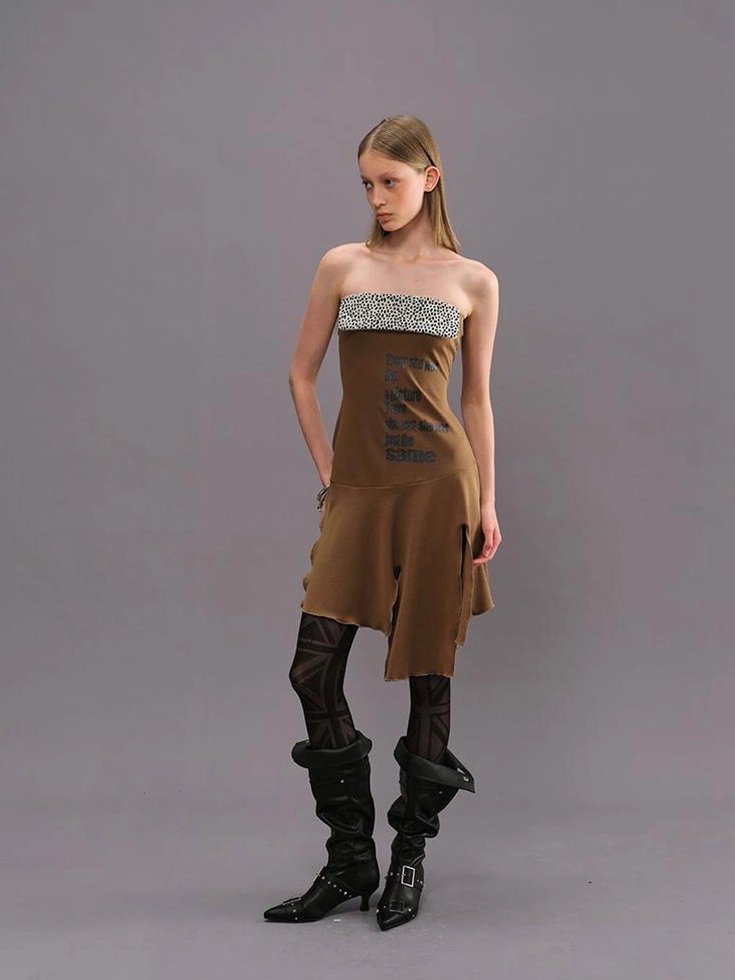 Outmode Vintage Brown Floral Glitter Print V-neck T-shirt Long Sleeve Dress