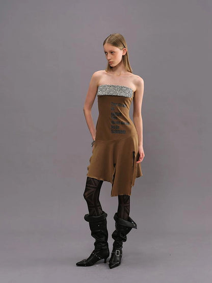 Outmode Vintage Brown Floral Glitter Print V-neck T-shirt Long Sleeve Dress