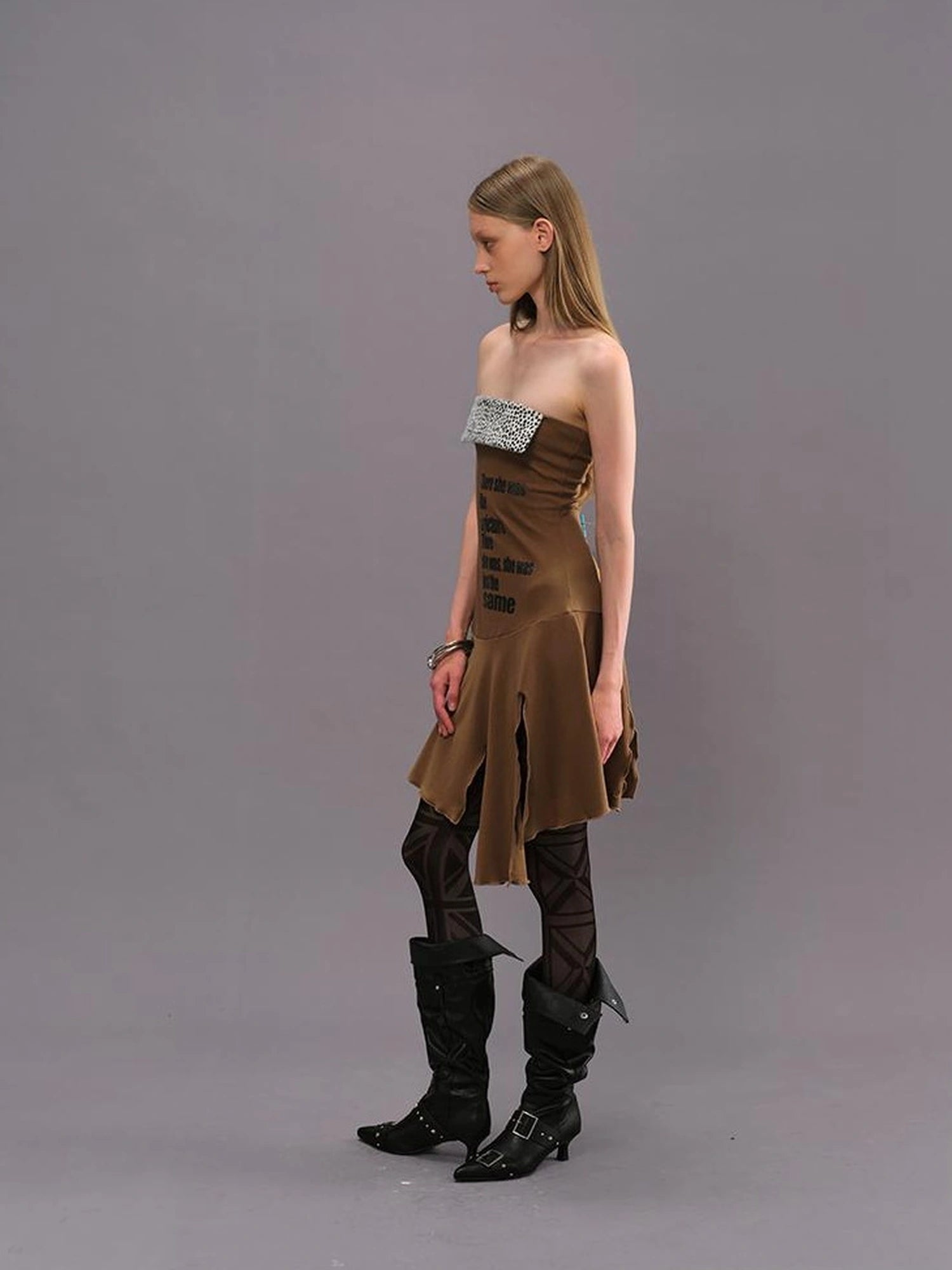 Outmode Vintage Brown Floral Glitter Print V-neck T-shirt Long Sleeve Dress