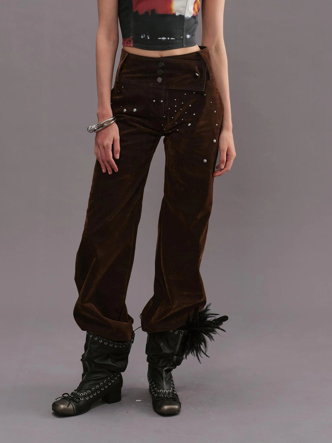 Outmode Vintage High Waist Flared Trousers With Rhinestones