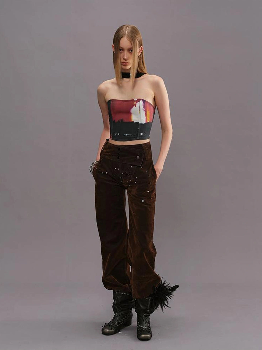 Outmode Vintage High Waist Flared Trousers With Rhinestones