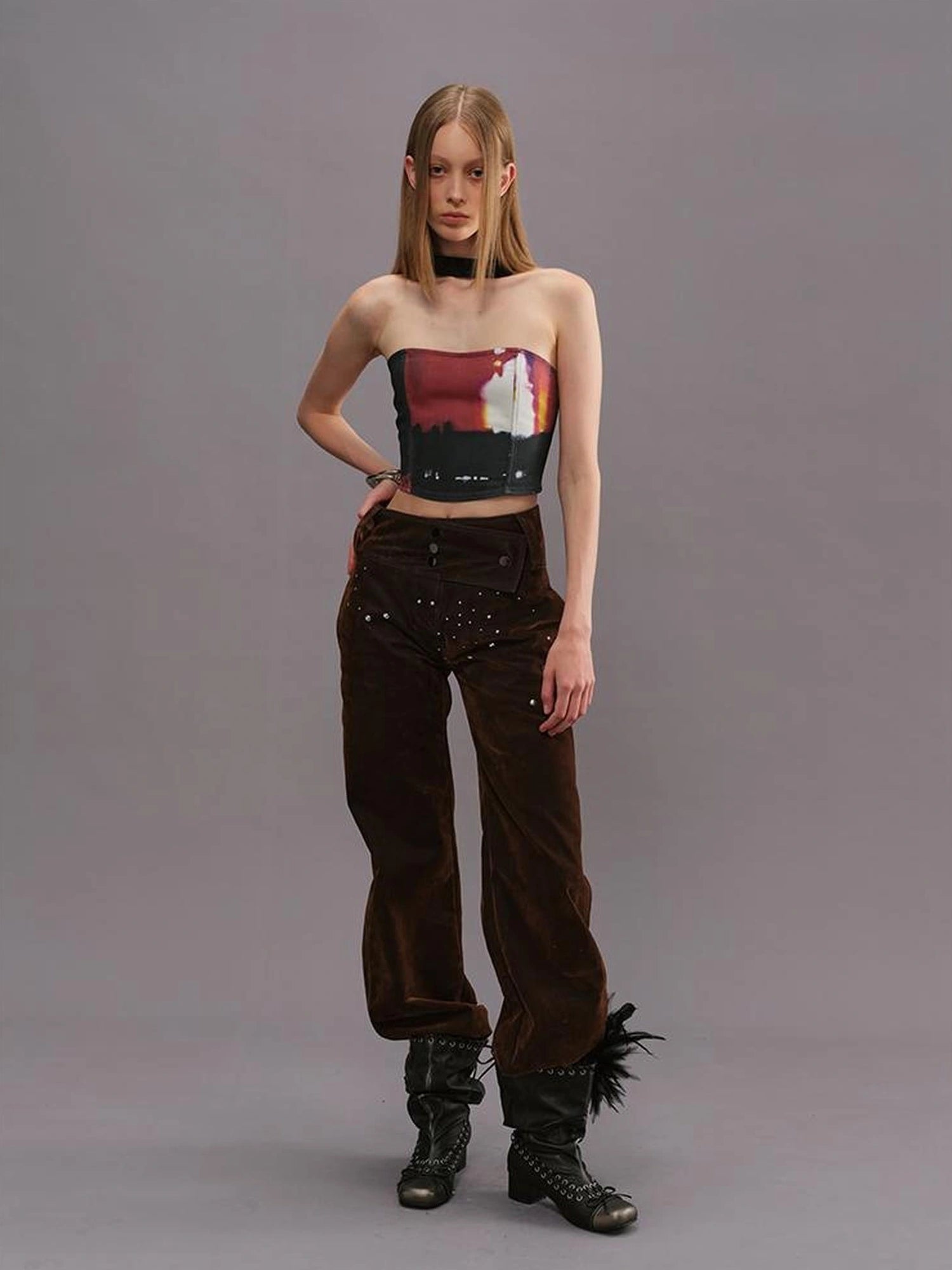 Outmode Vintage High Waist Flared Trousers With Rhinestones