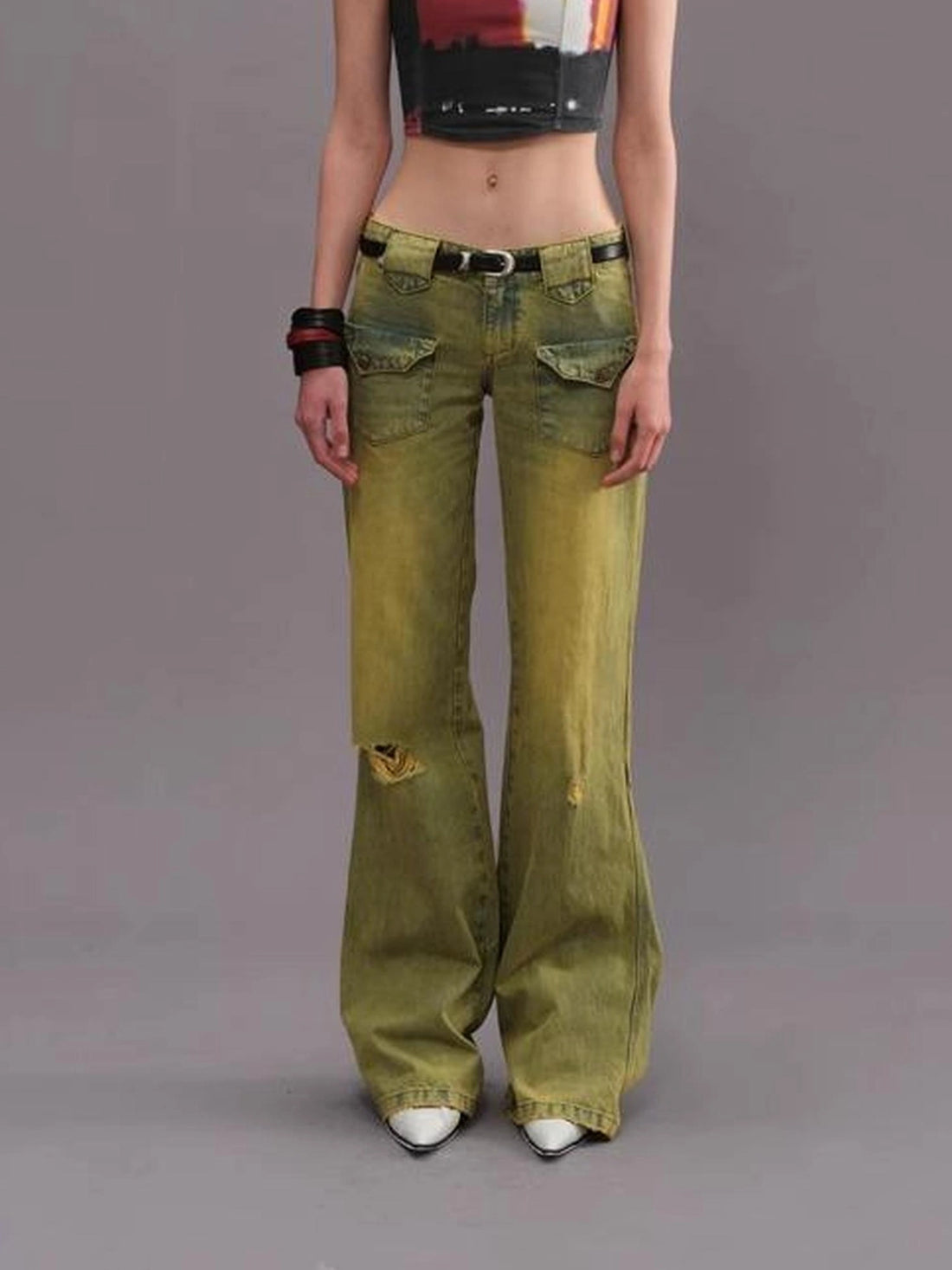 Outmode Vintage Washed Green High Waisted Flared Jeans