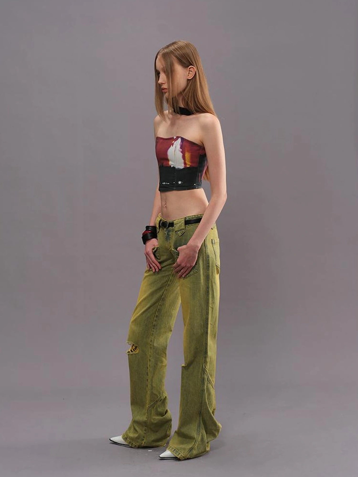 Outmode Vintage Washed Green High Waisted Flared Jeans