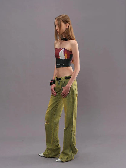 Outmode Vintage Washed Green High Waisted Flared Jeans