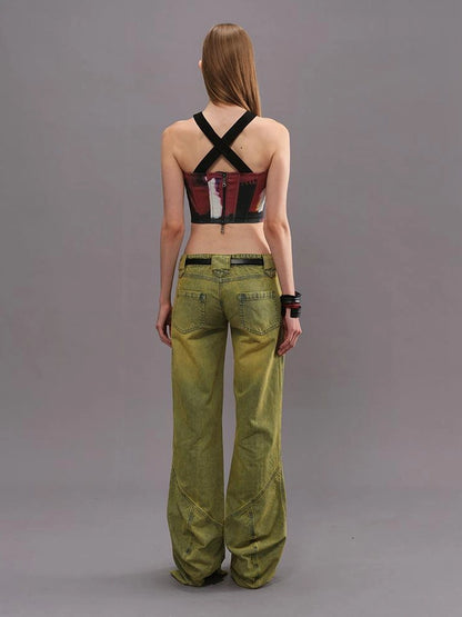 Outmode Vintage Washed Green High Waisted Flared Jeans
