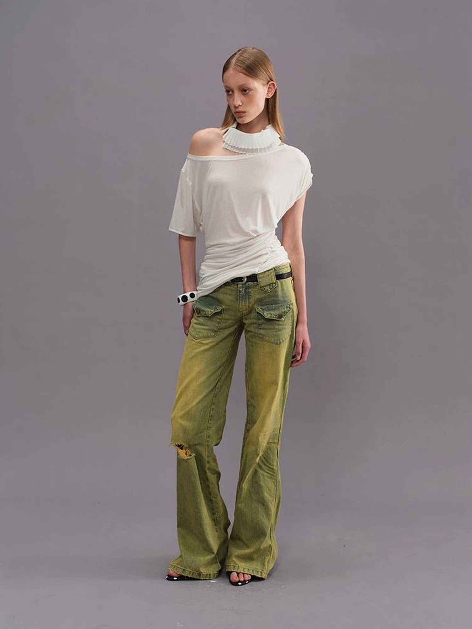 Outmode Vintage Washed Green High Waisted Flared Jeans