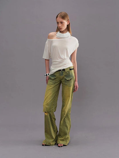 Outmode Vintage Washed Green High Waisted Flared Jeans