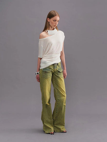 Outmode Vintage Washed Green High Waisted Flared Jeans