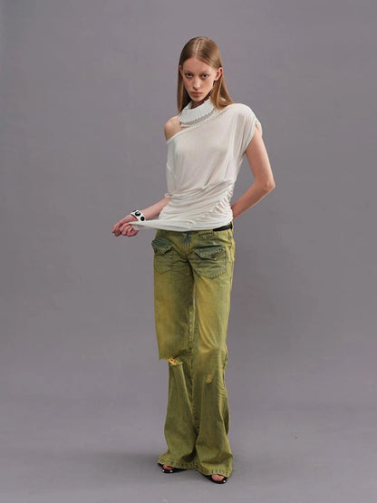 Outmode Vintage Washed Green High Waisted Flared Jeans