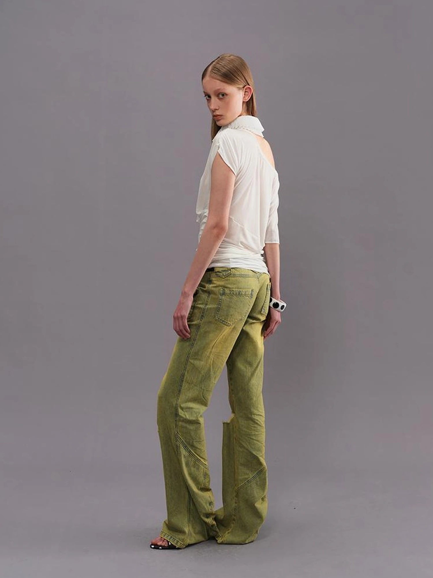Outmode Vintage Washed Green High Waisted Flared Jeans