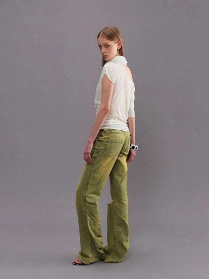 Outmode Vintage Washed Green High Waisted Flared Jeans