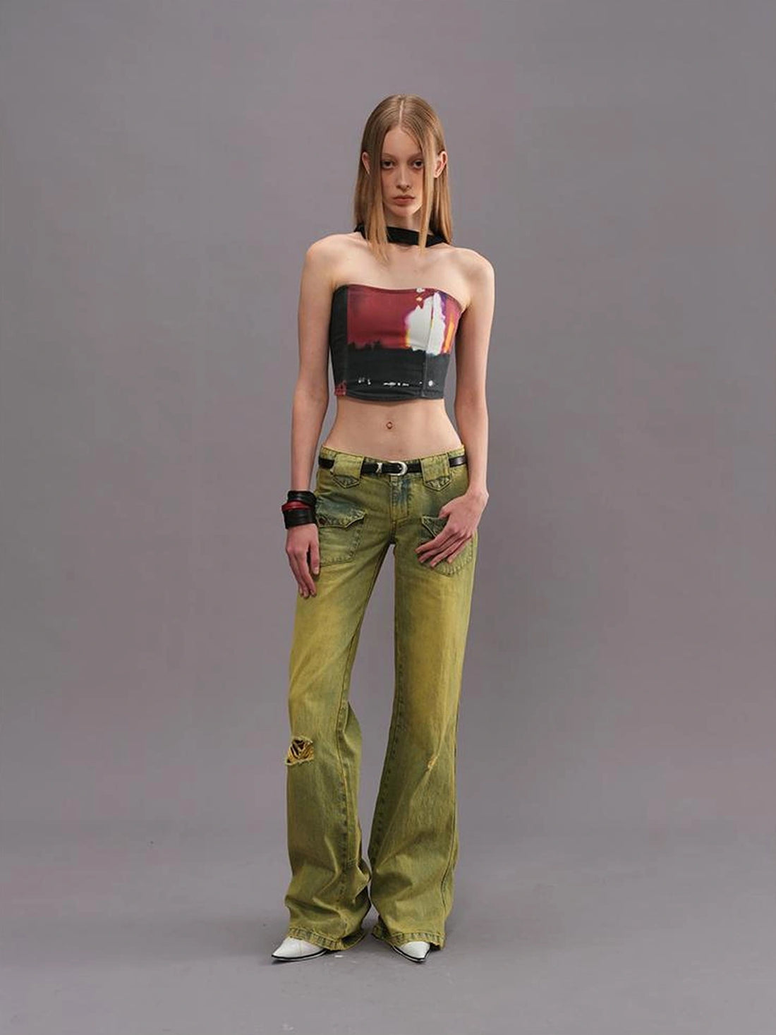Outmode Vintage Washed Green High Waisted Flared Jeans