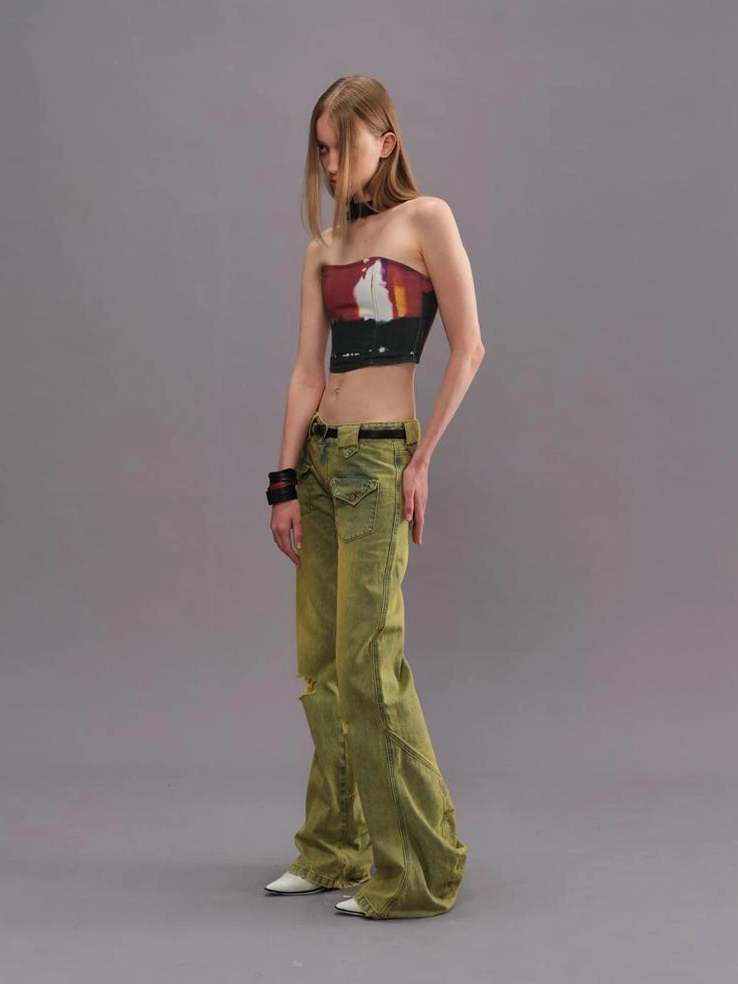 Outmode Vintage Washed Green High Waisted Flared Jeans