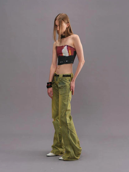 Outmode Vintage Washed Green High Waisted Flared Jeans